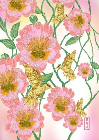 Peony and Gold Hummingbirds - Limited Edition of 6